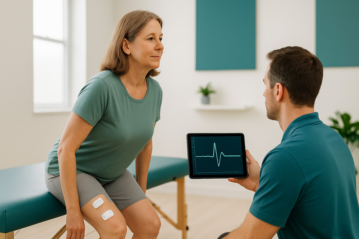 Patient performing sit-to-stand with small adhesive thigh sensors while viewing a tablet showing a simple EMG waveform in a bright Syracuse PT clinic.