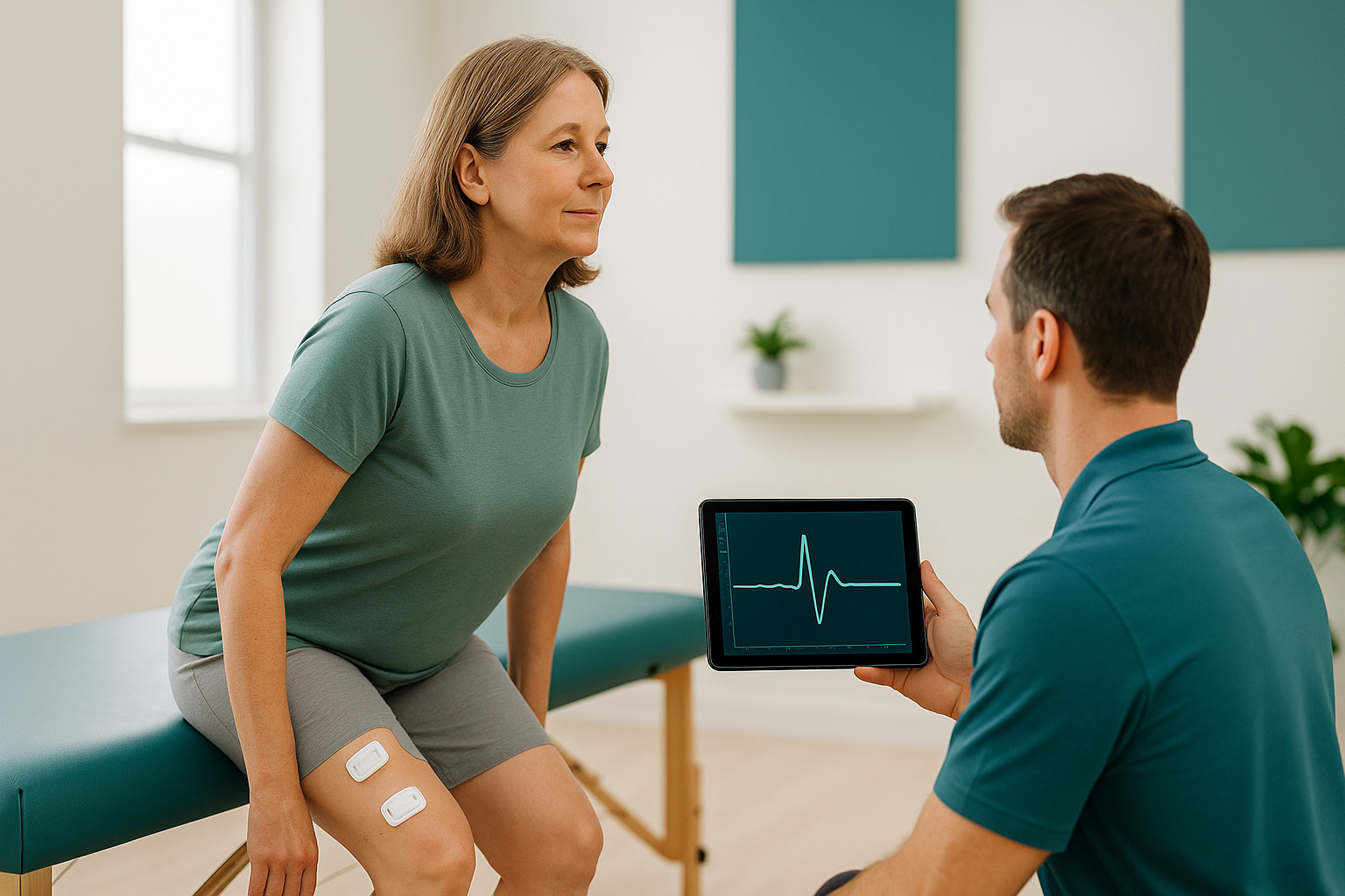 Bright physical therapy clinic scene with therapist guiding exercise