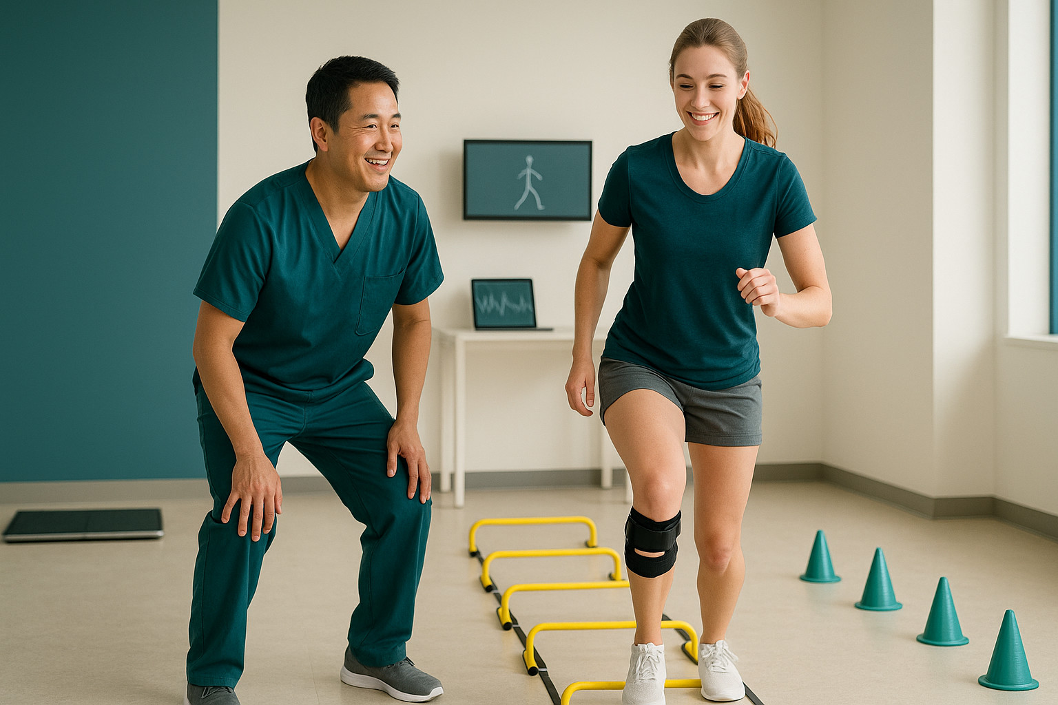 Sports tech collage: force plate, EMG, joint‑angle overlay